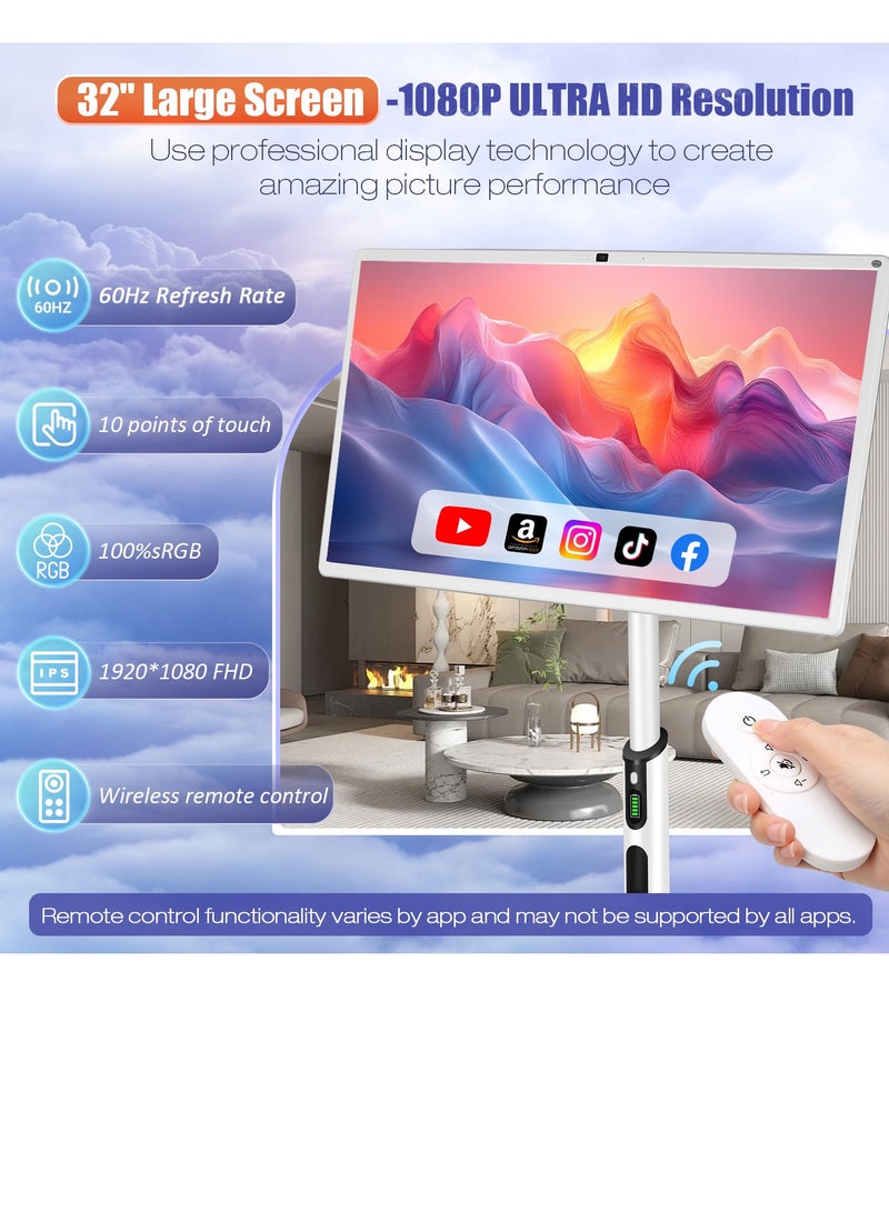 XIAN TIAN XIA 32 Inch Smart Portable TV - 4K Support, Adjustable Floor Touchscreen Monitor, 8G RAM + 128G ROM | Build-in Camera | Android OS, Battery Powered 4-6 Hours - Image 4